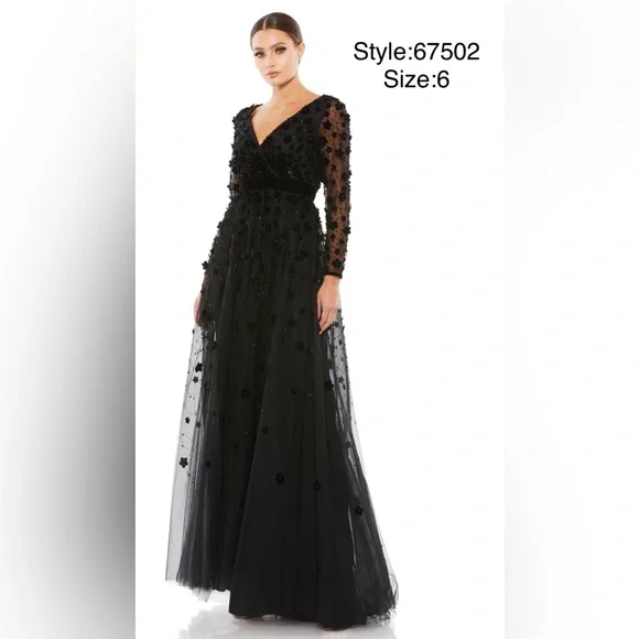 Velvet floral appliqué v neck gown - Picture 2 of 4